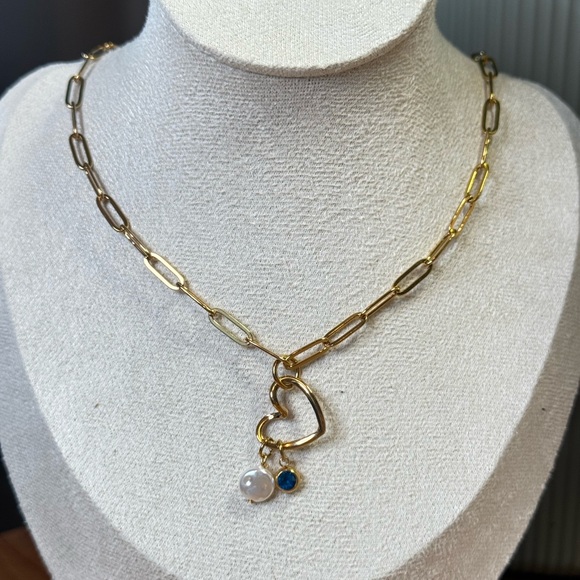 Gold Heart Pendant Necklace with Pearl and Blue Charm - Picture 4 of 4
